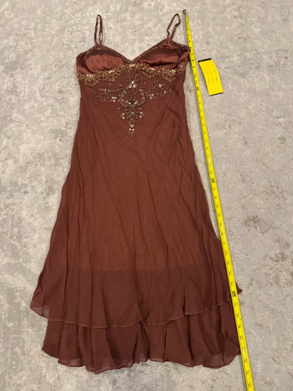 Sue Wong Dress Y2K Sexy Beaded 48 Cocktail Brown Chocolate Midi SILK Copper New - Picture 13 of 16